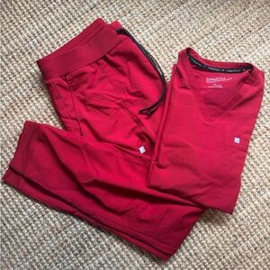 Red Scrub Set - V-Neck Top & Drawstring Pants